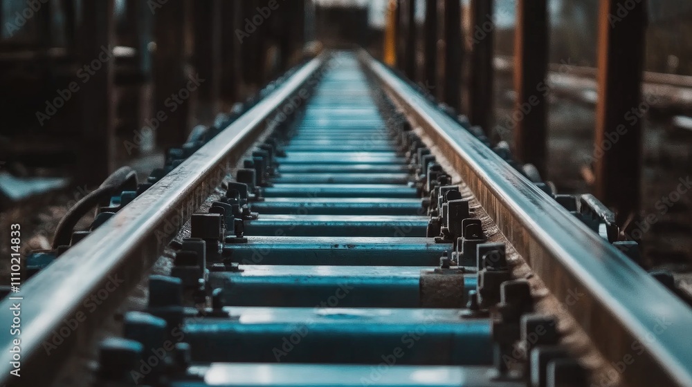 Poster industrial conveyor system close-up at a mining site showcasing rails and machinery in a rugged envi