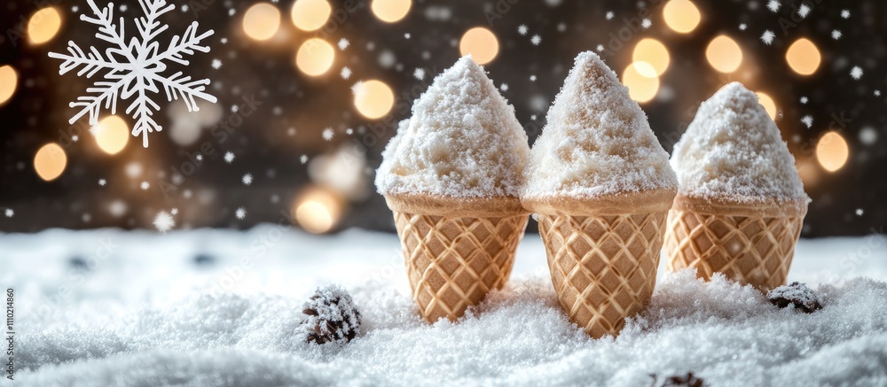 Poster Waffle cones with soft snow cream against a festive bokeh background creating a cozy winter-themed card design for various uses