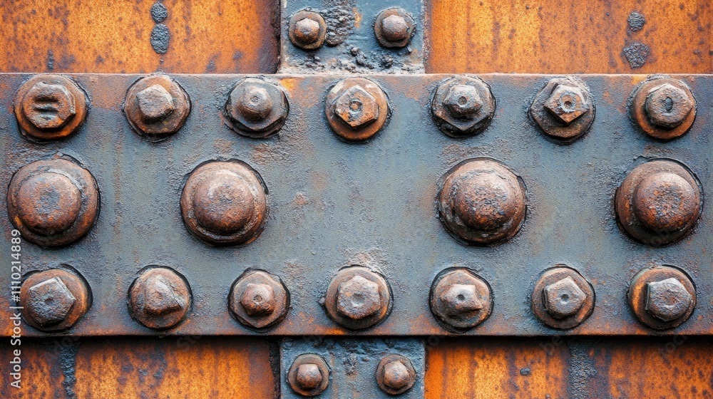 Poster rusty metal surface with orange hue and textured bolts providing an industrial background for variou