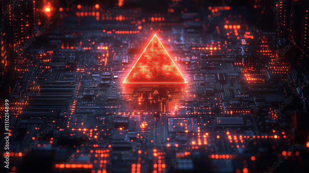 Poster digital landscape featuring glowing red pyramid and circuit patterns at nighttime. generative ai
