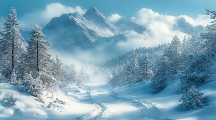 Serene winter mountain landscape with snow-covered trees and foggy peaks in the background creating a tranquil outdoor scene.