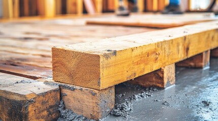 Strengthening floor plate with decking concrete and reinforcing iron for secure formwork during construction process.
