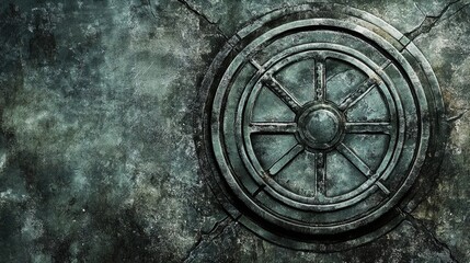 Naklejka premium Vintage metal manhole cover design on cracked asphalt surface showcasing industrial textures and urban street elements.