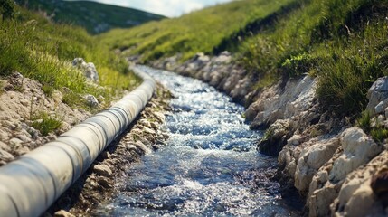 Closeup view of a water supply pipe flowing through a rocky bed in a natural environment, bordered by lush greenery under a clear sky, infrastructure, nature, water, landscape.