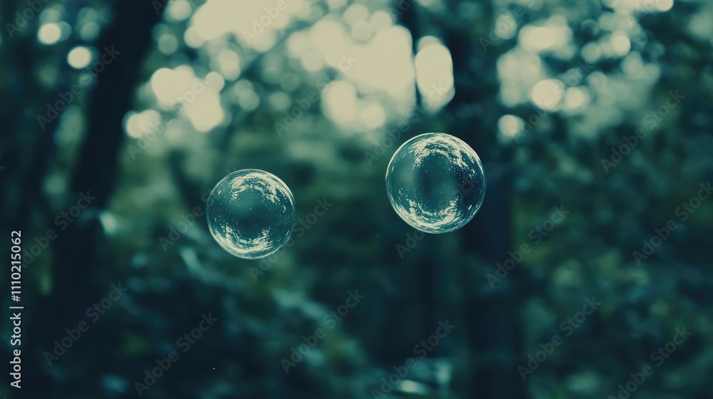 Poster bubbles floating gracefully in a serene forest atmosphere with soft blurred background details