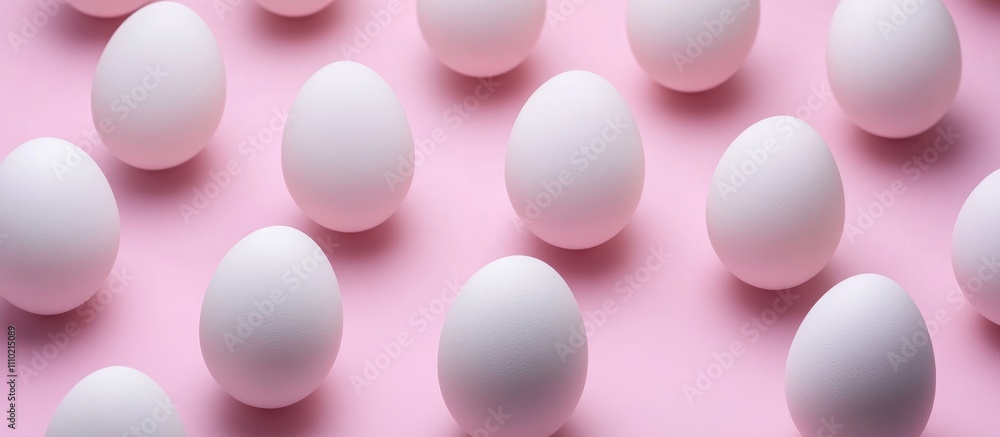 Poster white eggs arranged in a modern pattern on a soft pastel pink background creating a minimalist and e