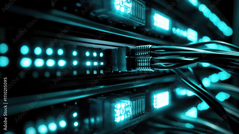 Aufkleber high-tech data center networking cables illuminated by blue lights showcasing modern server infrastr