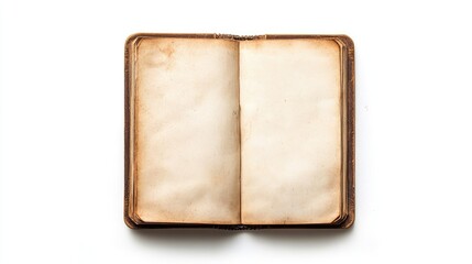 Fototapeta premium Vintage sketchbook with empty aged pages showcased against a clean white background for art and creative design concepts.