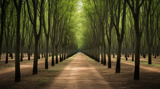 Lush green rows of rubber trees lined along a pathway in a serene forest landscape
