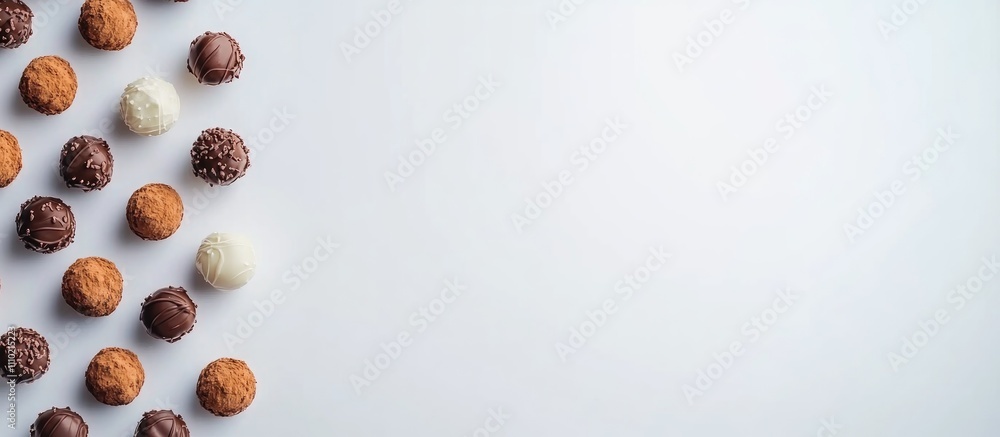 Poster assorted light and dark chocolates arranged on a clean white background for an elegant confectionery