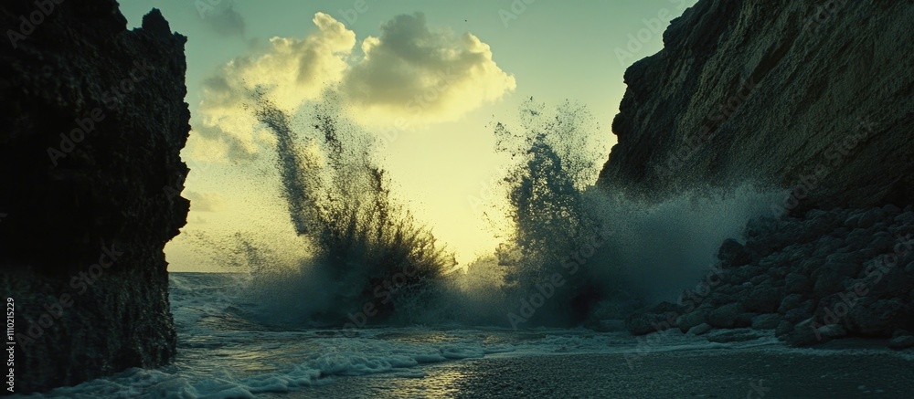 Poster waves crashing against rugged rocks at sunset creating dynamic splashes and dramatic lighting in a c