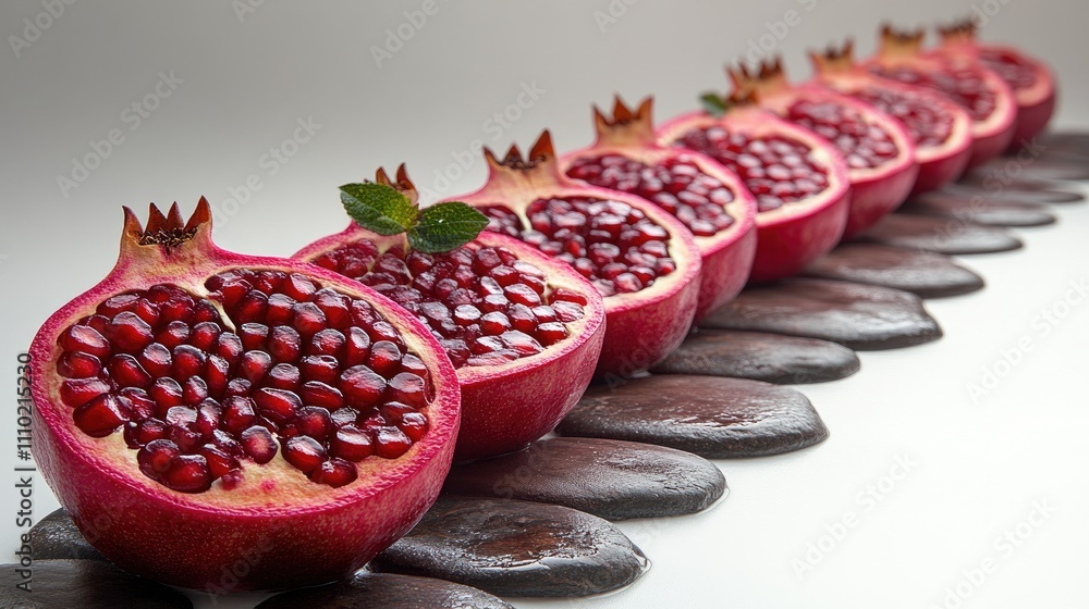 Poster sliced pomegranates arranged in a pathway on smooth stones with a white background showcasing vibran