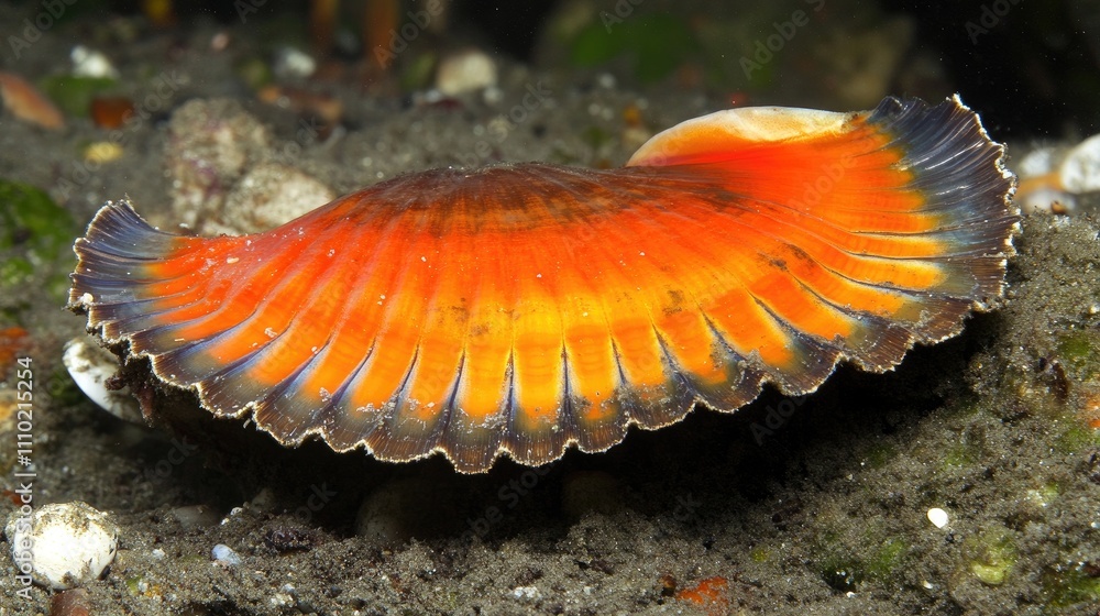 Aufkleber vibrant orange scallop shell resting on the ocean floor showcasing intricate textures and colors in 