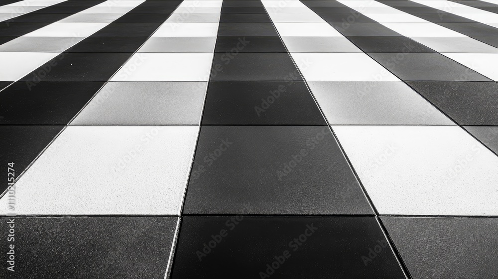 Fototapete Black and white checkerboard floor with shadow patterns creating dynamic shapes and textures in a visually striking monochrome design