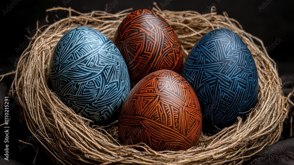 Poster decorative easter eggs in a natural nest showcasing intricate patterns on vibrant blue and orange su