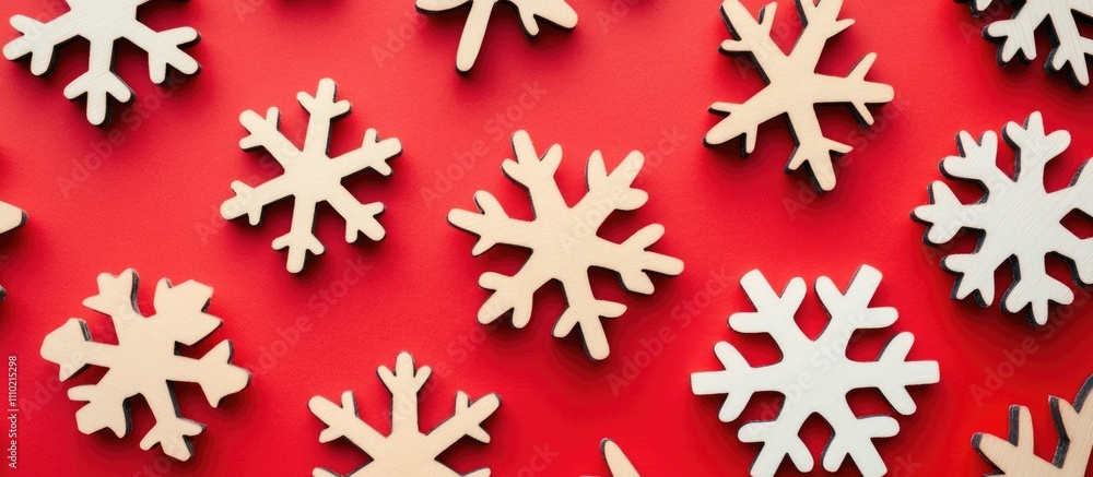 Poster wooden snowflake decorations on a vibrant red background creating a festive christmas atmosphere wit