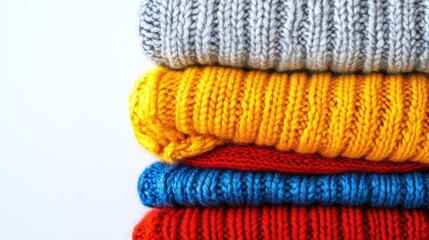 Colorful stack of cozy knitted sweaters arranged neatly against a white background perfect for textile or fashion themes
