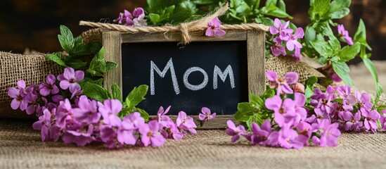 Rustic chalkboard with the word Mom surrounded by fresh purple flowers on burlap backdrop perfect for Mother's Day celebrations.