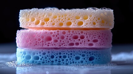 Colorful sponges stacked with bubbles on a dark background showcasing texture and cleanliness concept for household or cleaning themes