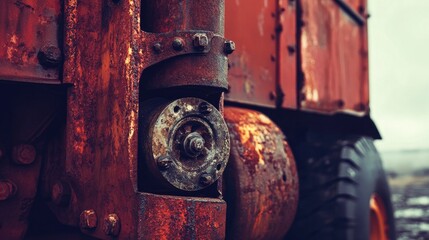 Rusty truck shock absorber and wheel detail showcasing vintage industrial craftsmanship and weathered textures on an abandoned vehicle.