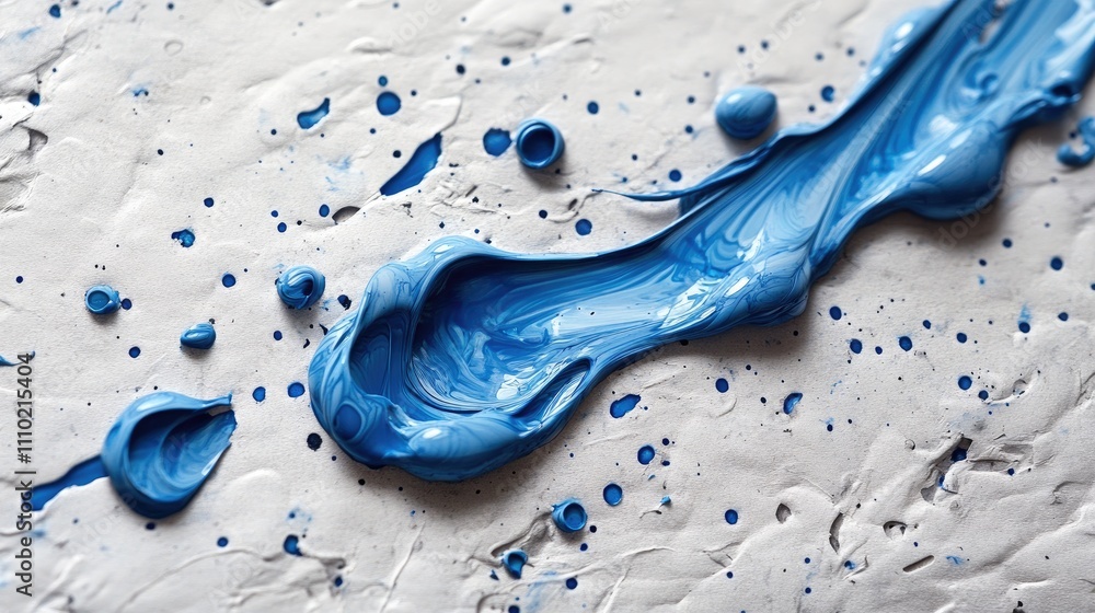 Poster blue ink drops and swirls on textured grey recycled paper artistic background for creative projects and design use