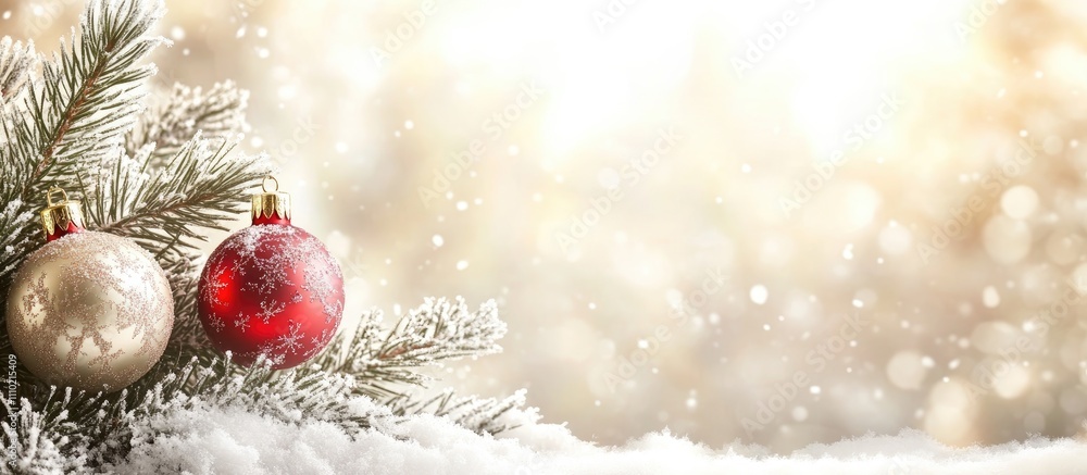 Poster pink and red christmas ornaments on a snow-covered pine tree branch creating a festive winter scene 