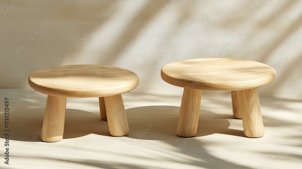 Poster stylish wooden coffee table set with rounded edges, displayed against a soft background with natural