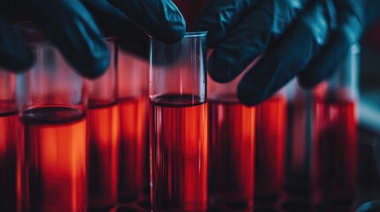 Chemical composition analysis in laboratory with red liquid samples in test tubes for material identification and compliance testing.