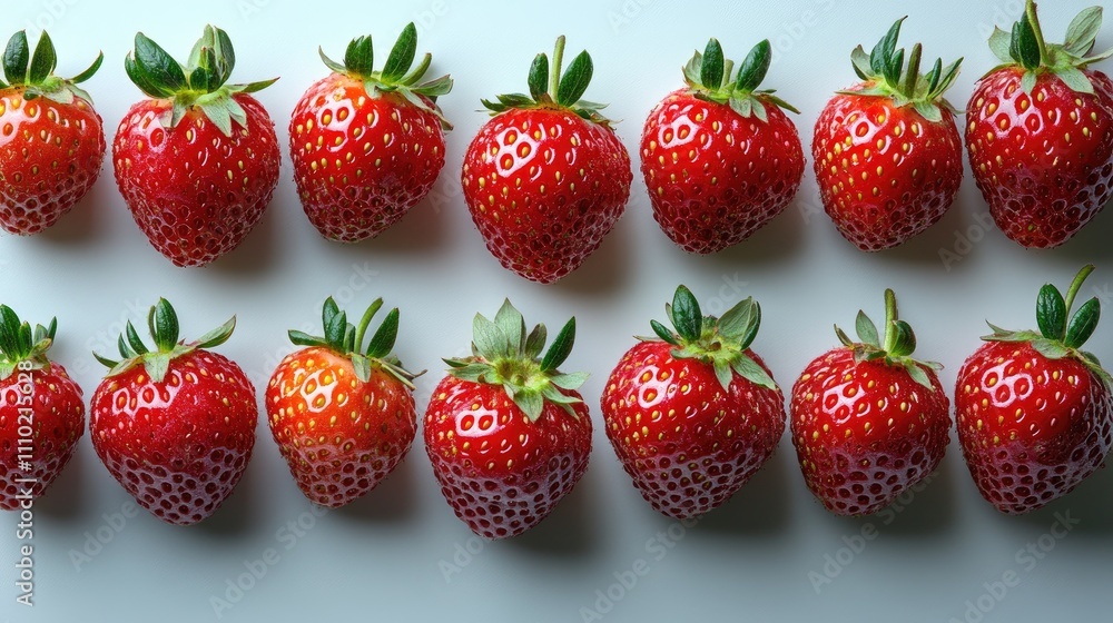 Poster rows of vibrant fresh strawberries arranged neatly on a clean white background showcasing their natu
