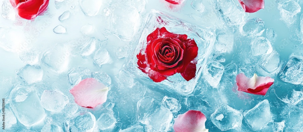 Poster Frozen red rose surrounded by ice cubes on a soft blue background creating a serene and elegant visual composition.
