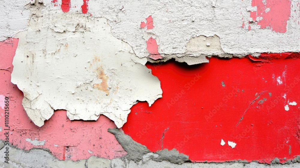 Poster textured pattern of cracked red and beige paint on weathered surface creating an abstract backdrop f