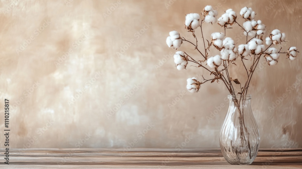 Poster Cotton branches elegantly displayed in a glass vase on a soft beige background creating a serene and natural atmosphere
