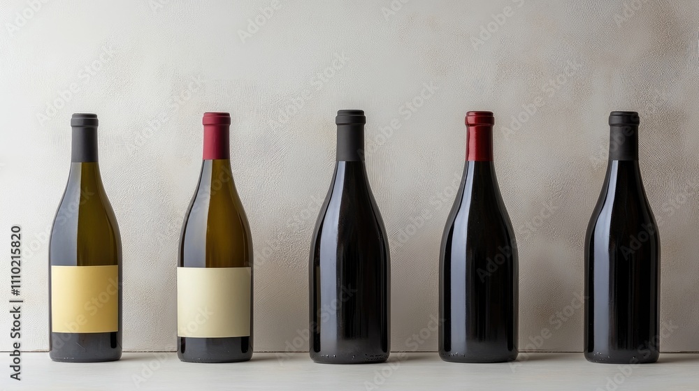 Aufkleber empty wine bottles with blank labels arranged on a neutral background for product display or creative design use