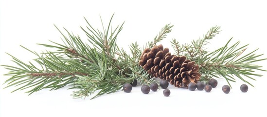 Naklejka premium Pine cone and evergreen foliage arrangement with berries on a white background for nature and botanical themes