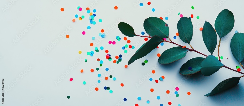Poster minimalist eucalyptus branch on surface surrounded by colorful confetti modern mockup with empty spa