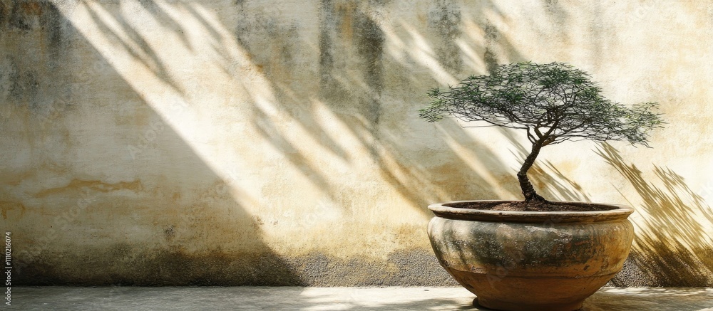 Poster small tree in a large pot basking in sunlight with shadows on a textured wall creating a serene indo