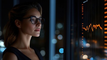 A woman wearing glasses is looking at a computer screen with a graph on it