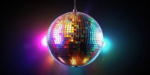Obraz premium A reflective disco ball hangs from the ceiling, casting colorful beams of light onto a dark background.