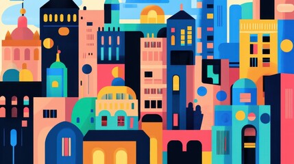 An abstract cityscape with buildings of varying shapes and colors, each building reflecting different cultural symbols, Depicting the vibrant and diverse nature of a global community