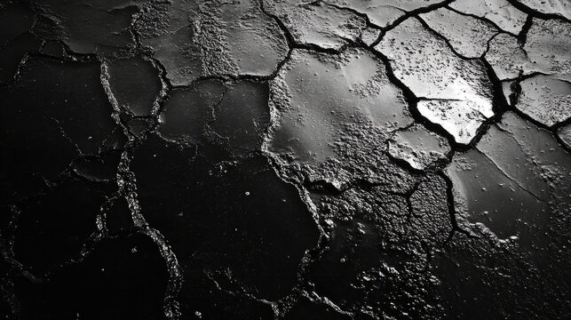 Fototapeta cracked asphalt road surface showcasing texture moisture and wear in black and white high resolution image for background or printed materials