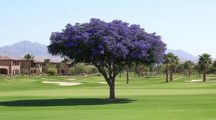 Desert willow hybrid tree in full bloom showcasing vibrant purple flowers against a serene golf course landscape.
