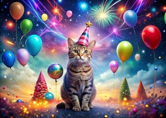 A Surreal Celebration of a Cat Welcoming the New Year with Fireworks, Festive Decorations, and a Magical Atmosphere in a Dreamlike Landscape for Stock Photo Use