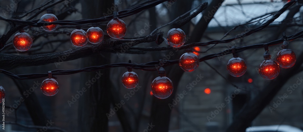 Poster glowing decorative light bulbs illuminating a tree branches in a serene evening setting