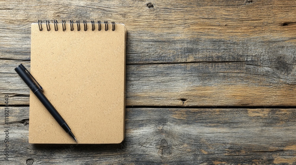 Poster Spiral notepad with a black pen resting on a rustic wooden background for a creative workspace or writing concept