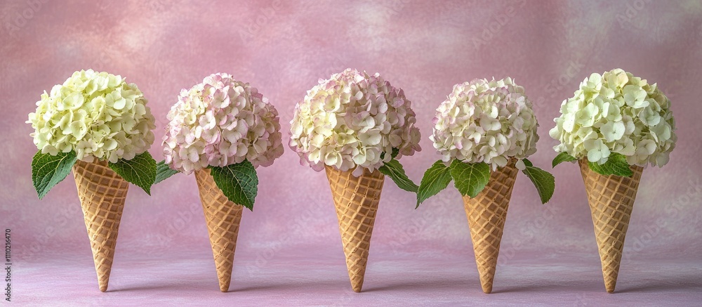 Aufkleber hydrangea flower topped ice cream cones arranged in a stylish composition on a pastel backdrop for a