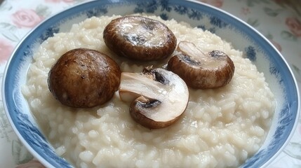 Fototapeta premium Creamy mushroom risotto garnished with sautÃ©ed mushrooms in a decorative bowl on a floral tablecloth.