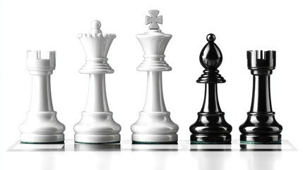 White chess pieces representing victory teamwork against black pawn on a chessboard symbolizing strategy and triumph in the game of chess