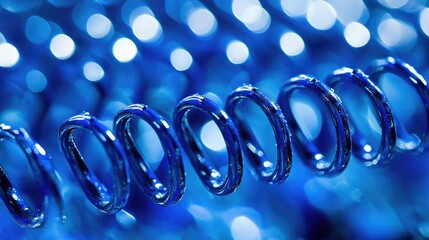 Close-up view of a steel helical conveyor screw with selective focus creating an abstract industrial blue background.