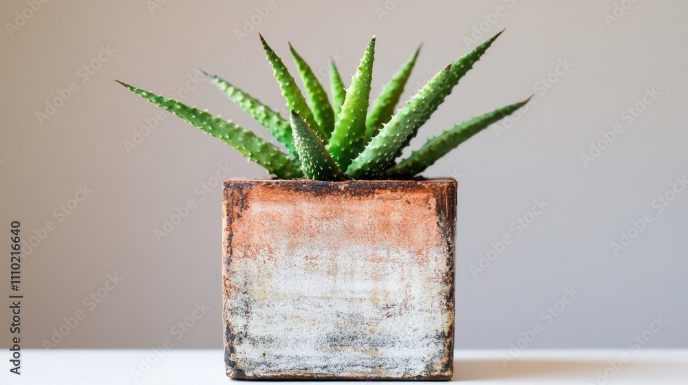 Aufkleber aesthetic succulent plant in textured rectangular container against a neutral background for home de