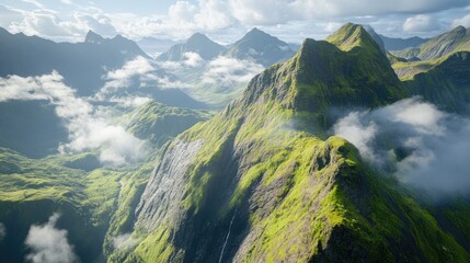 Misty mountain landscape showcasing rocky cliffs and dramatic skies, surrounded by lush greenery and clouds, nature, adventure, scenic view.